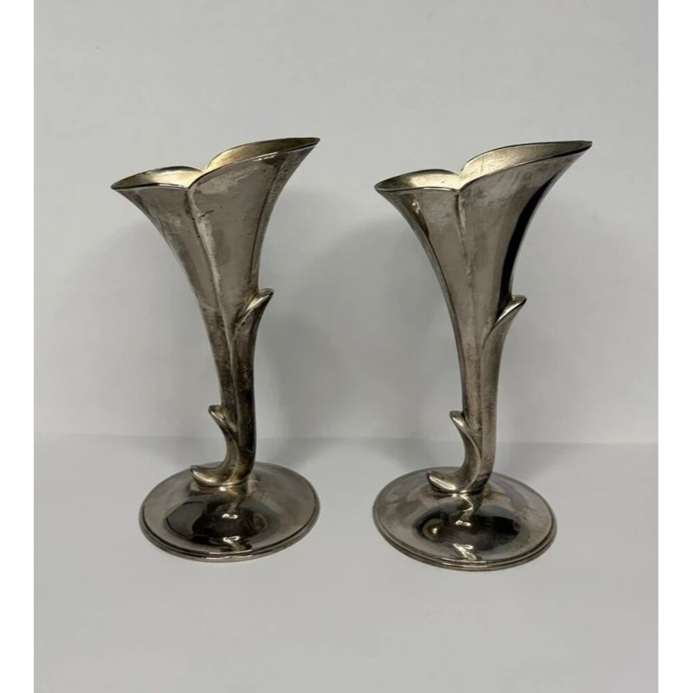 Pair of Silver Tone Calla Lily Bud Vases 5 Inch Sculptural Floral Metal Decor